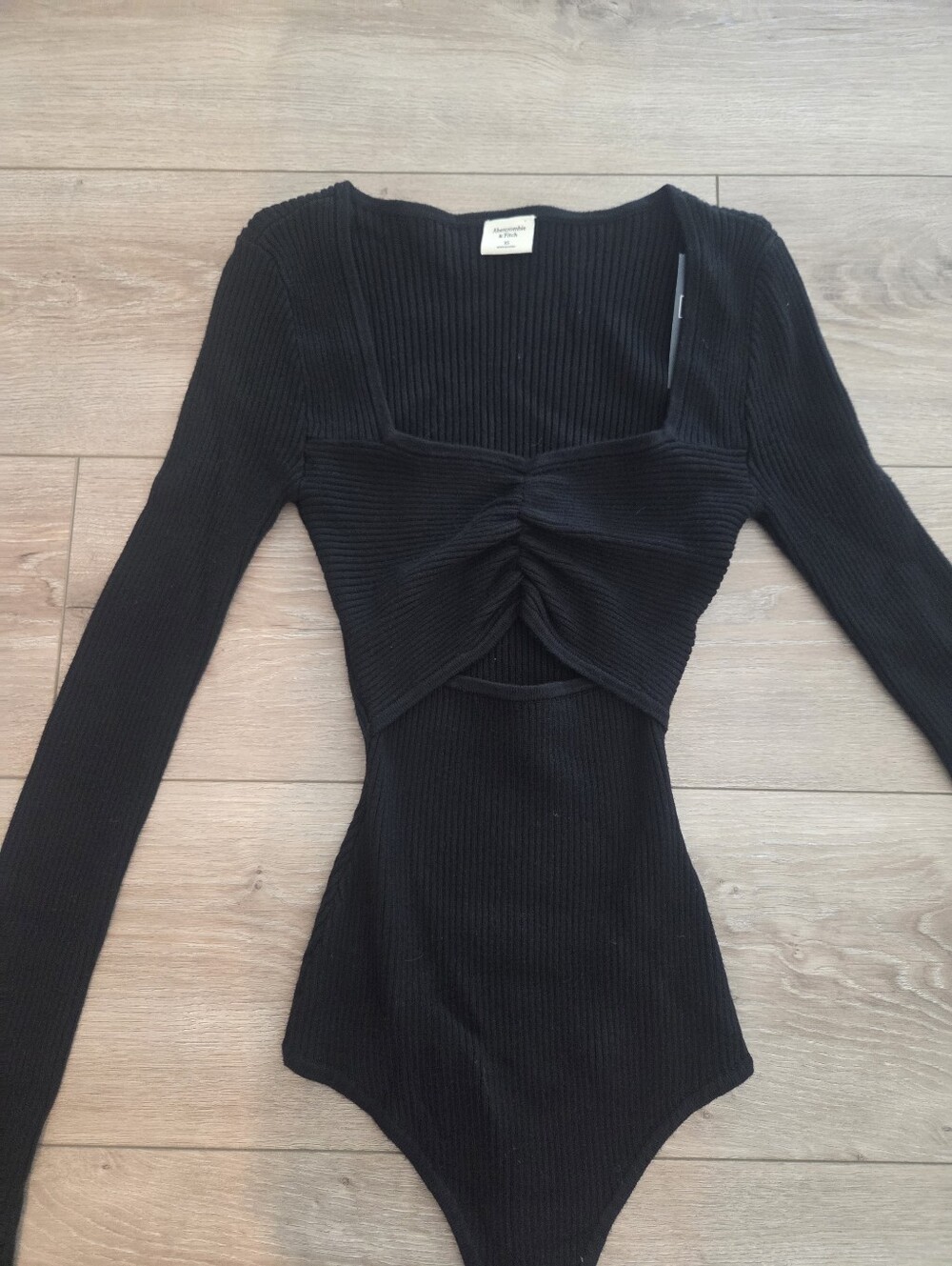 Abercrombie Ribbed Long Sleeve Black Bodysuit with Front Cutout